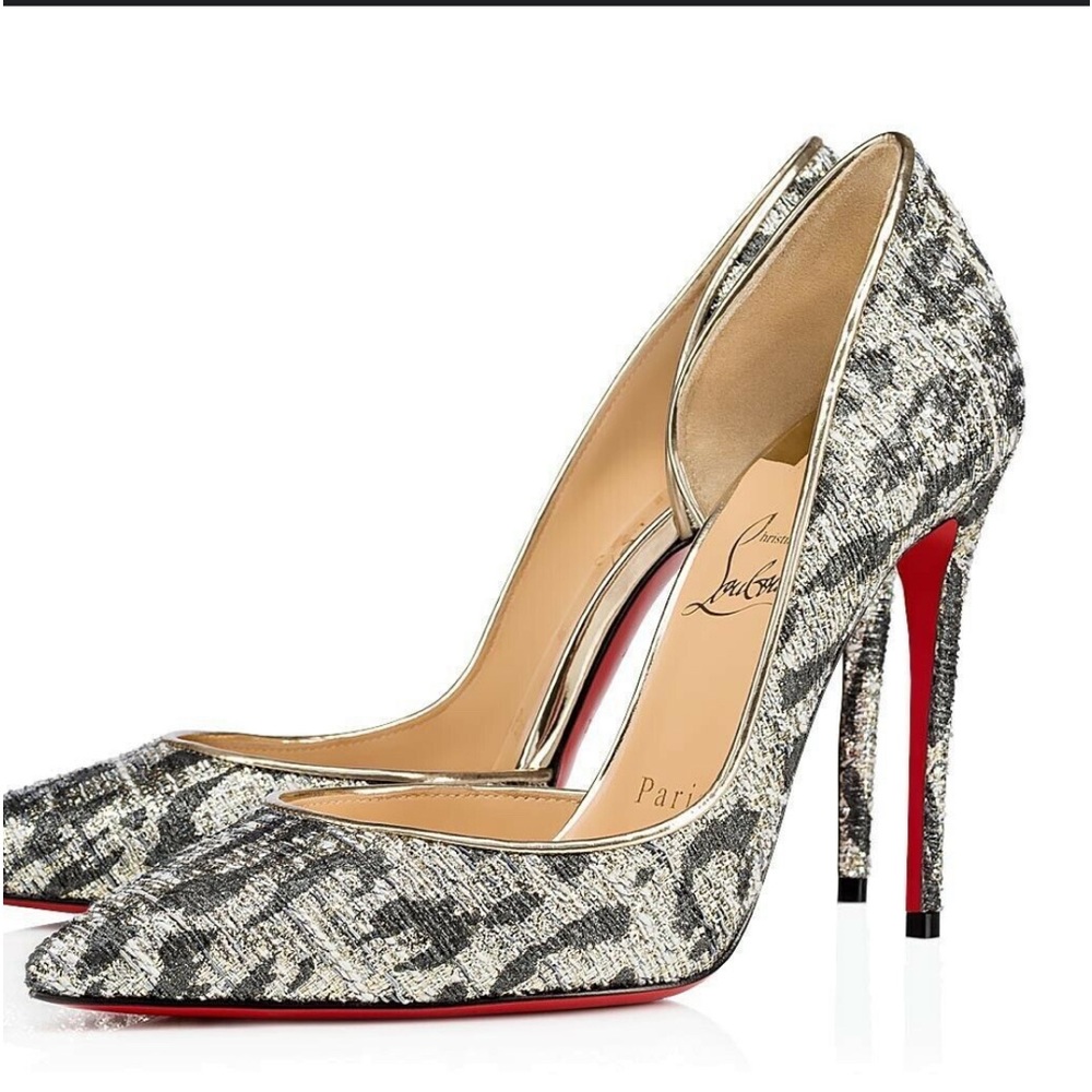 Christian Louboutin Iriza 100 Silver Black Gold Lurex Gigi Sandal Heel Pump
.